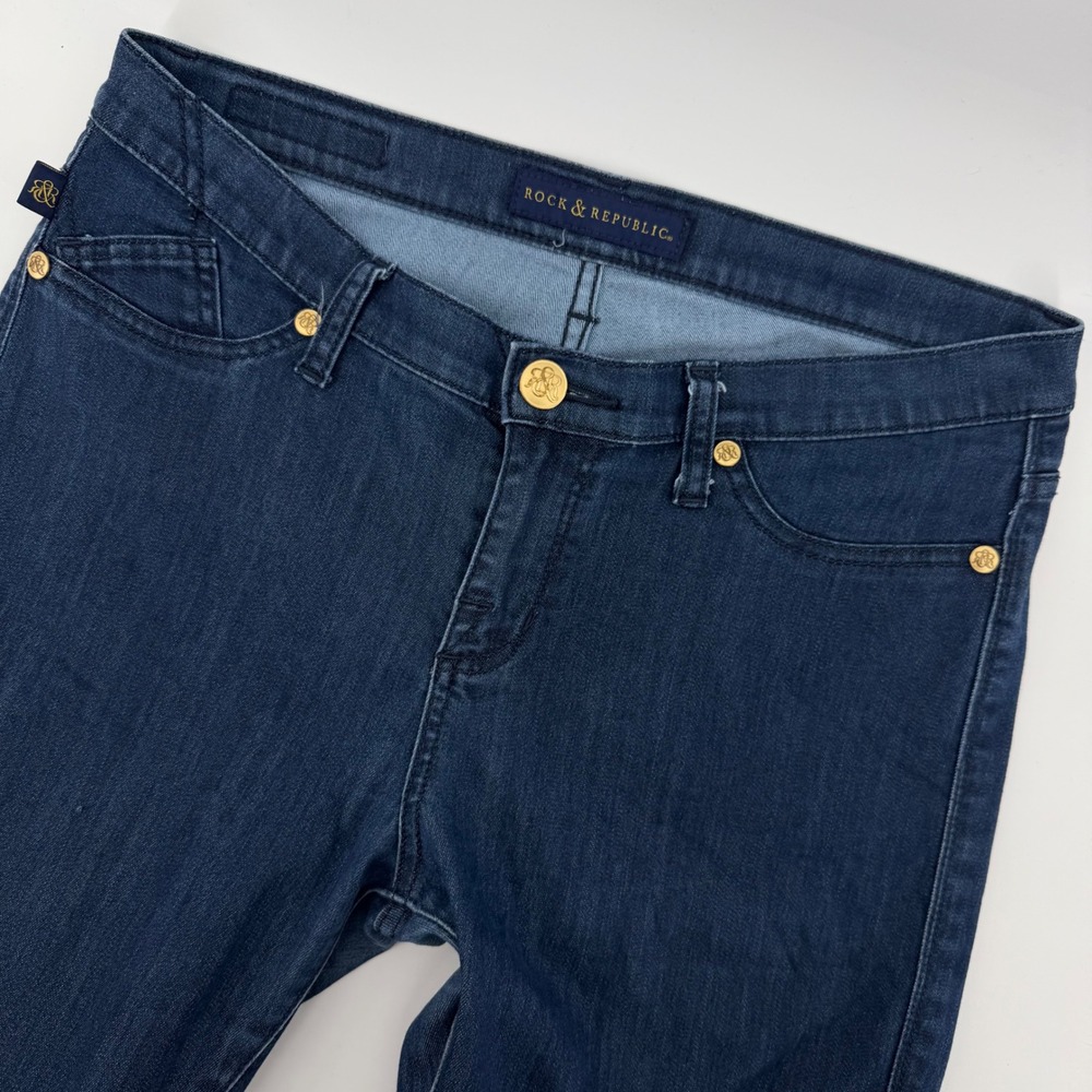 Rock & Republic Kashmere Skinny Jeans Women 12 Dark Blue Gold Stud‎ R010274